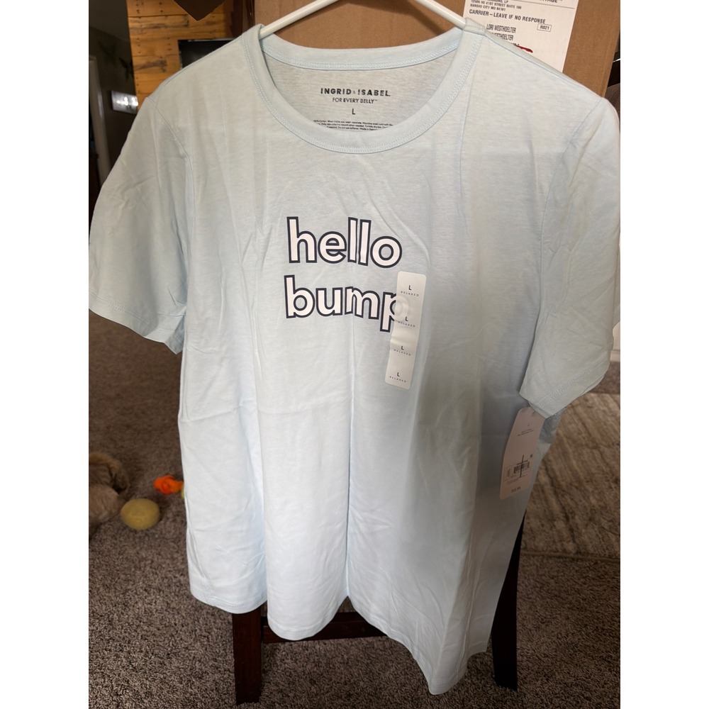 Ingrid & Isabel Hello Bump Maternity Graphic Tee Light Blue Large NWT